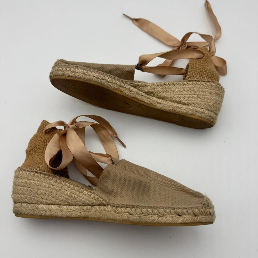 Diegos Classic Low Wedge Linen Lola Espadrilles Tan Lace Up Spain Womens 39
